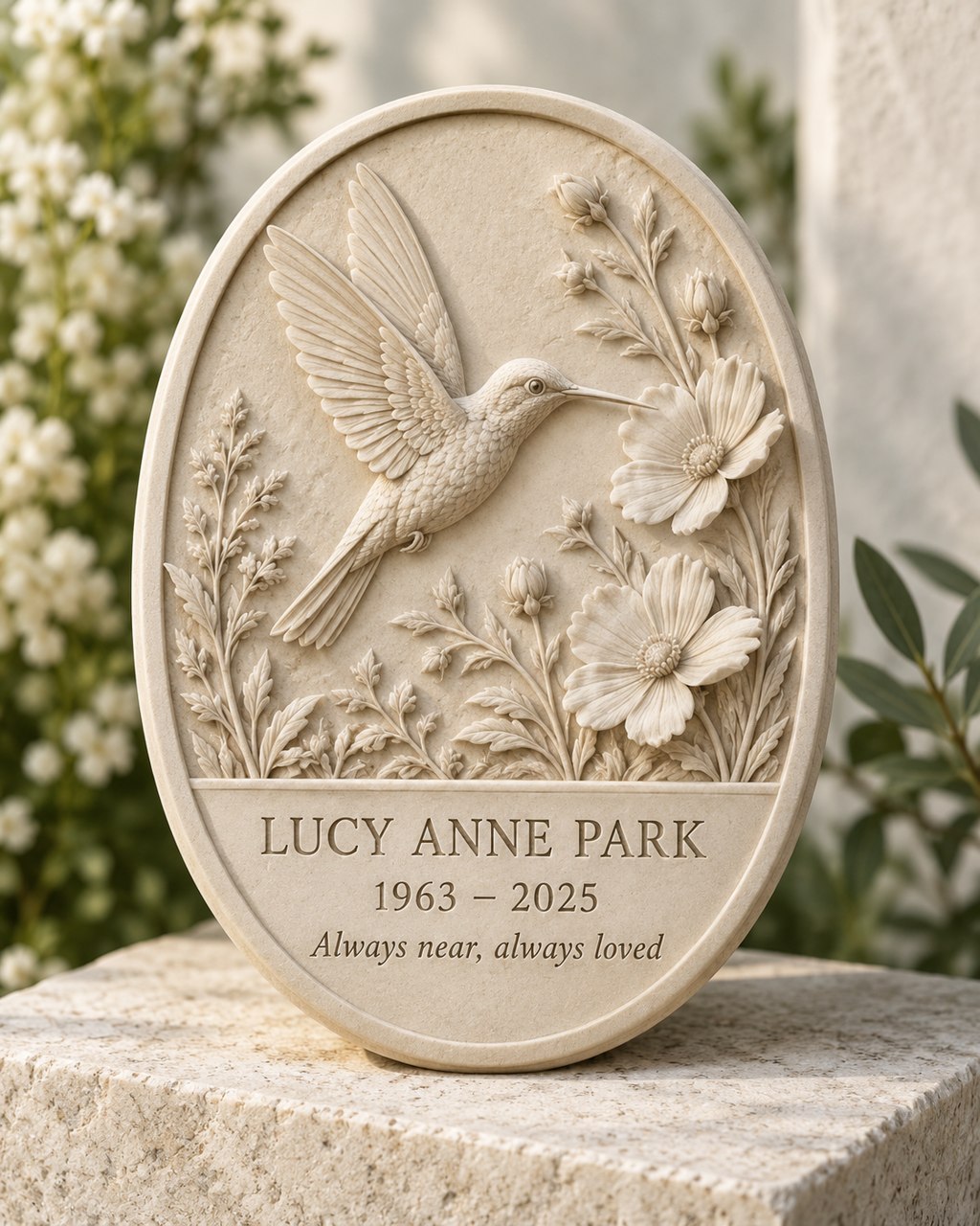Oval hummingbird memorial relief panel