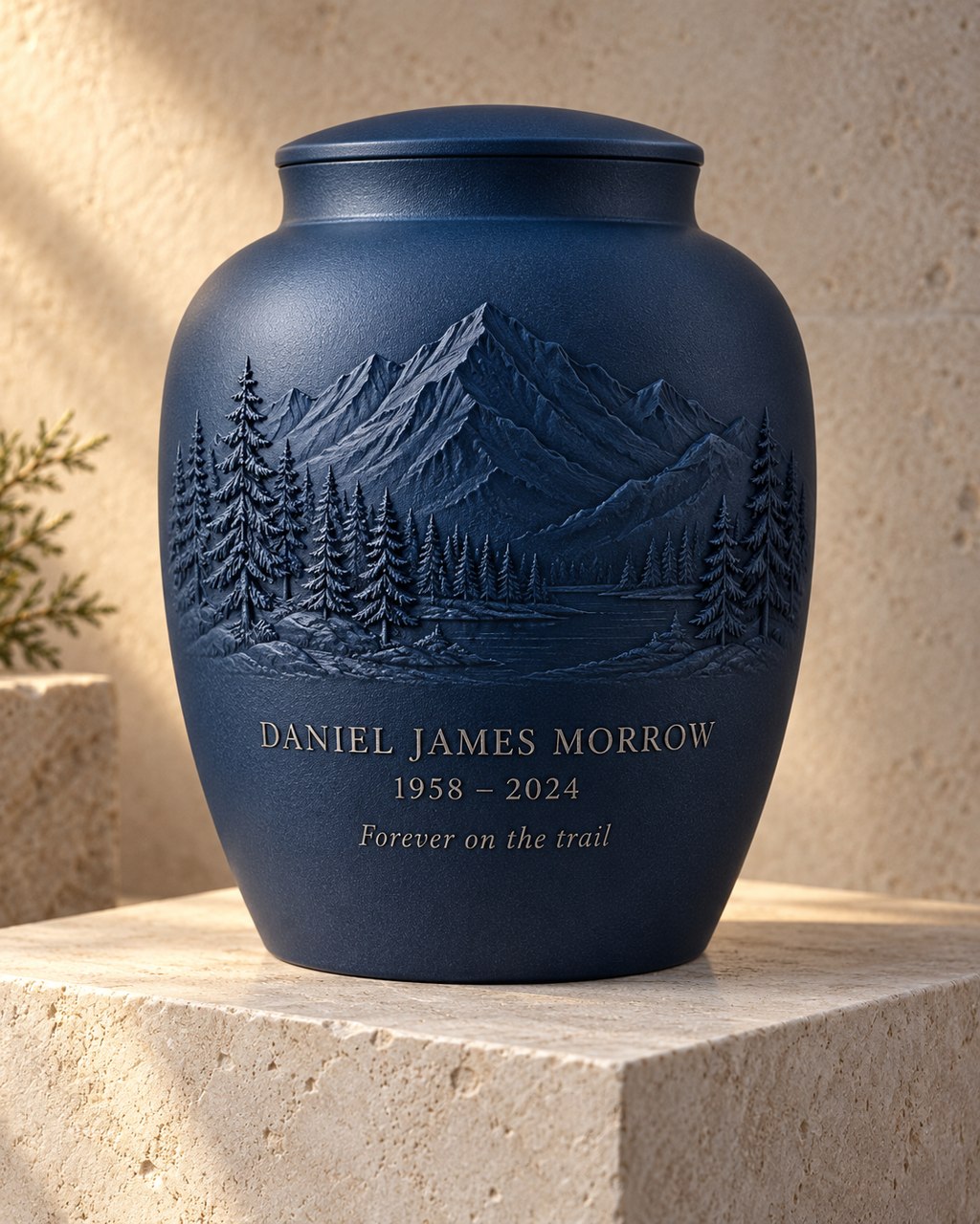 Deep blue urn with a mountain and pine relief