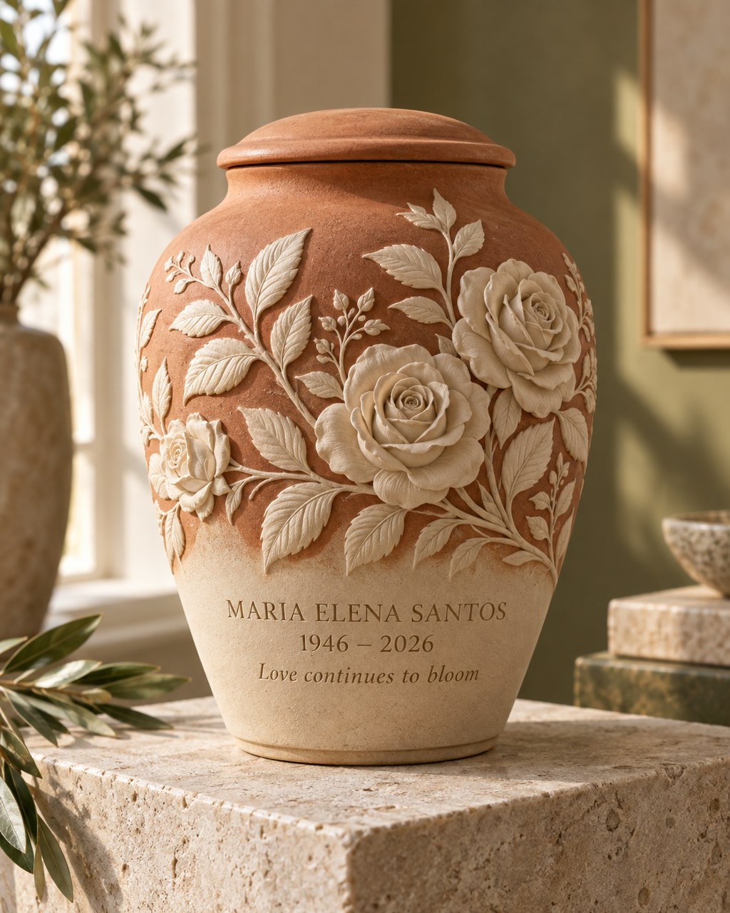 Terracotta and ivory urn with sculpted roses