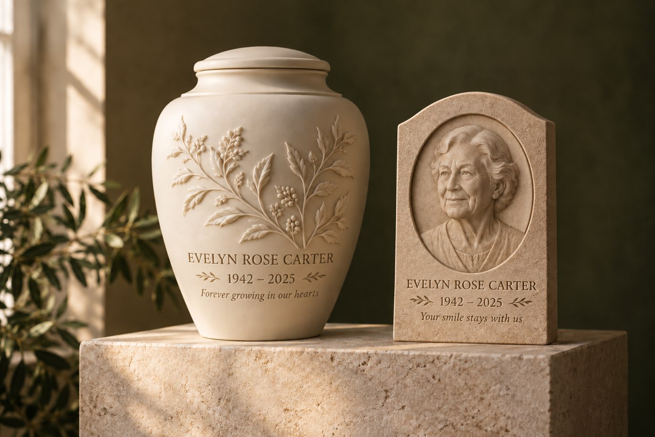 Concept collection: an ivory botanical relief urn with an embossed fictional name, lifespan dates and remembrance phrase, beside a sculpted portrait memorial tablet with matching engraved name, dates and remembrance phrase